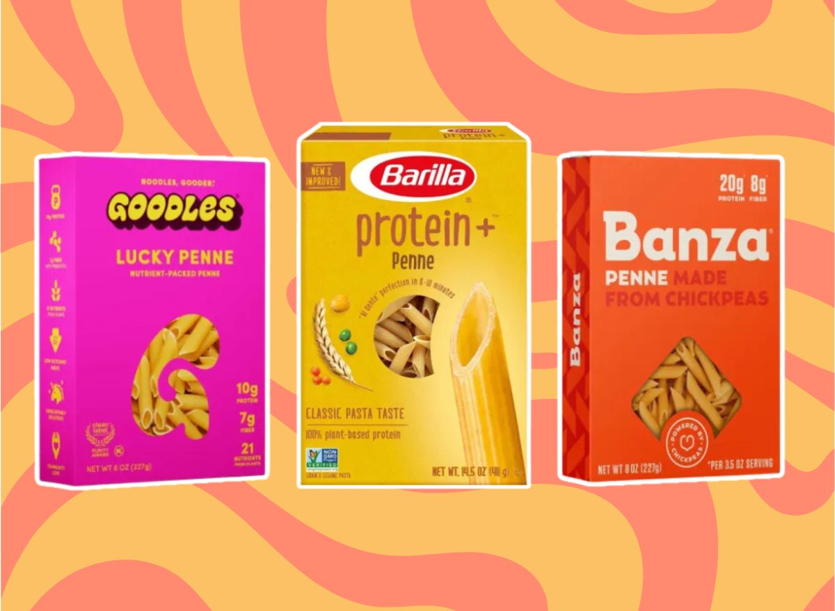 three boxes of pasta on a yellow and pink background